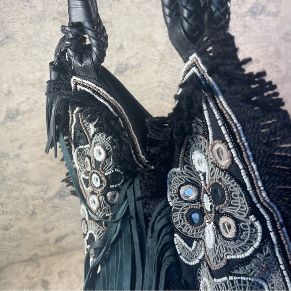 Anthropologie IbBAN LTR Emb. Beaded Fringe Black Linen Bohemian Bag - Picture 3 of 14